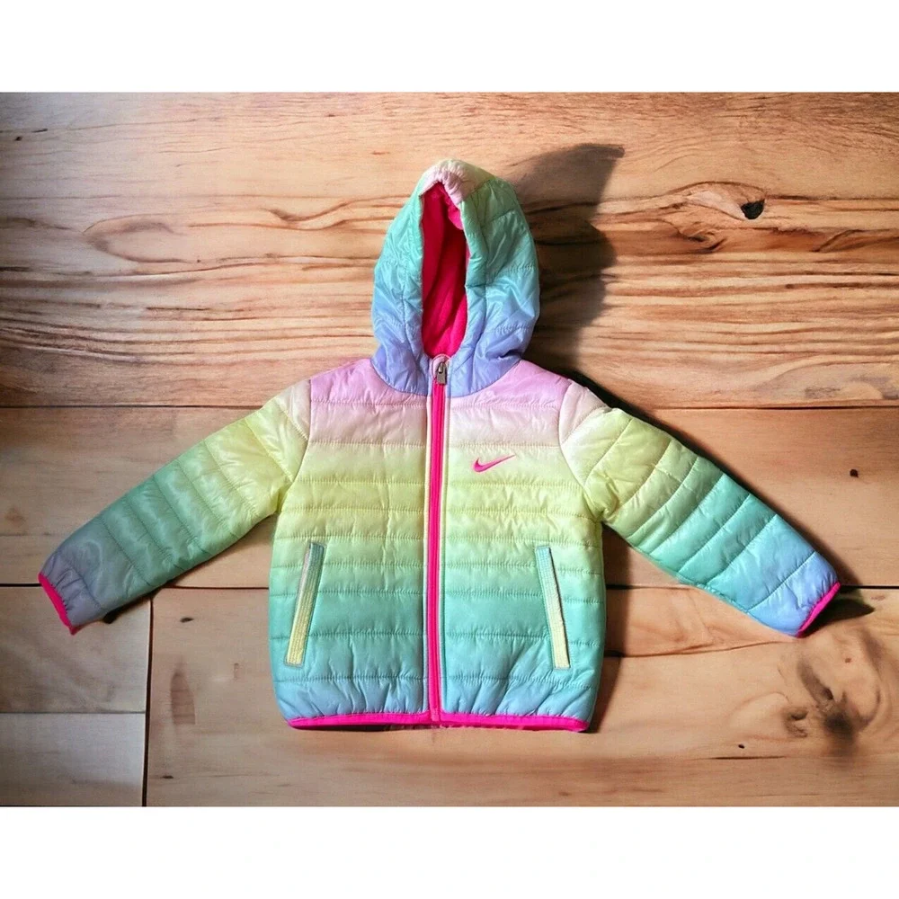 NWT Nike Rainbow Ombre Essential Hooded Winter Puffer Jacket 26G461-W6U Girls 2T - Picture 1 of 9